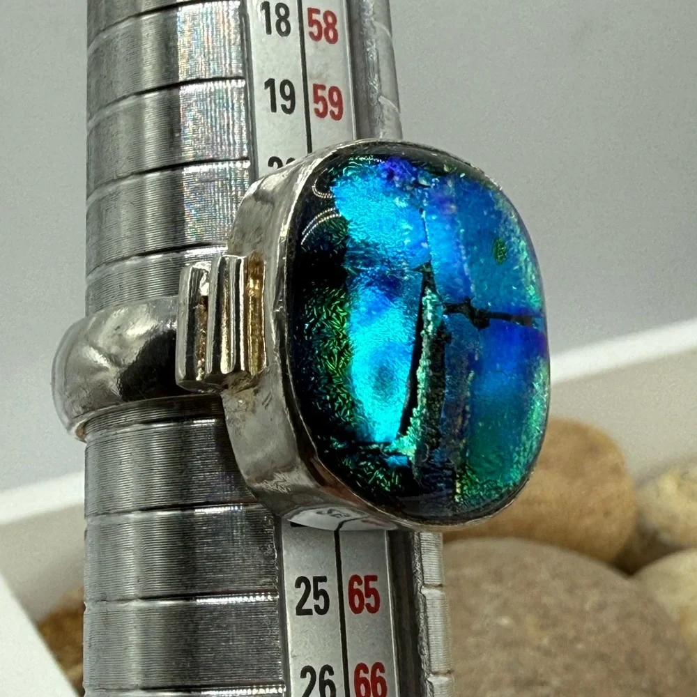 Sterling Silver Multicolor Blue Dichroic Glass Statement Ring Size 10 – 10.6g